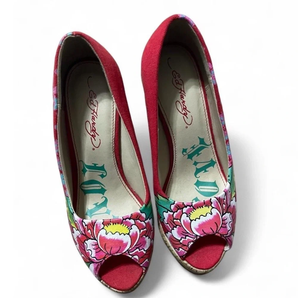 Ed Hardy Womens Red Tattoo Print Cork Wedge Peep Toe Pumps Y2K Size 5